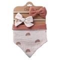 Macro detail of cotton muslin baby bib with rainbow print and matching headbands - Reddish Brown Rainbow