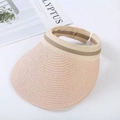 UPF50+ wide brim straw sun visor with beige and brown striped elastic headband for women - Rainbow Raffia Straw Style / Pink