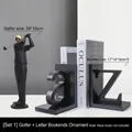 Modern black letter a-z bookends with golden golfer sculpture for office decor - Golf Player Statue & Letter Bookends Set