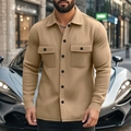 Detail of khaki slim fit men's jacket with button-down chest pockets and turn-down collar - Camel