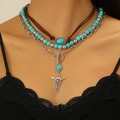 Bohemian multilayer necklace with turquoise beads and silver bull head pendant - Multi-layer Layered Necklace / Antique Silver