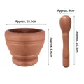 Brown ceramic mortar and pestle set for grinding spices with detailed dimensions - Small Classic Style / Wood Color / With Net Bag