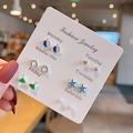 Close-up of 6 pairs minimalist earrings set including pearls and crystals on daily card - E1574-1 Blue Starfish Pearl Style