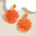 Bohemian orange raffia flower earrings with woven sunburst design and gold finish - Red Vacation Style Sunflower Earrings