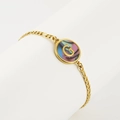 Gold stainless steel bracelet featuring a round charm with letter G and colorful enamel - Abalone Shell / Letter G / Colorful