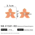 Detail view of 3.1cm floral earrings featuring orange-pink enamel and teardrop zircon - Orange Pink (NB-E1581-RD)
