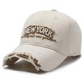 Distressed cream New York embroidered baseball cap with vintage frayed denim details - Light Beige