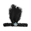 Bandeau Gatsby 1920 avec plumes noires, couronne argentée et gemme bleue - Plume Paillette - Couronne Bleu Lac