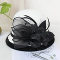 Élégant chapeau cloche en laine blanche avec fleur noire, voile plume et maille - Blanc