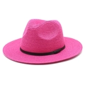 Detail of rose pink straw fedora hat featuring woven texture and black leather band - M (56-58cm) / Rose Red