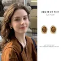 Vintage gold oval stud earrings with tiger eye stone featuring an elegant geometric design - Gold Frame with Brown Amber Stone (2#)