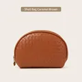 Caramel brown shell-shaped makeup bag with woven leather pattern and metal zipper - Shell Bag / Caramel Brown