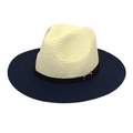 Chapeau de paille panama bicolore pliable avec ruban en cuir pour hommes et femmes - M (56-58cm) / Bleu Marine & Crème
