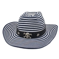 Detail of hand-woven striped straw cowboy hat featuring a gothic skull metal ornament - Navy & White Striped with Wind Rope (White Skull)