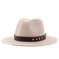 Chapeau de soleil en paille à bord large avec ruban en cuir et clous dorés pour la plage - Rose chair