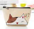 Cute canvas cat coin purse in beige with cartoon kitten face and black zipper closure - Cute Cat (Off-white)