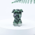 Miniature Schnauzer dog figurine crafted from dark green crystal stone resin on a white stand - 39 Anyolite