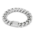 Polished silver cuban link bracelet for men with sparkling CNC diamond-set square clasp - 15mm Width / Steel Color (KB152703-KFC)