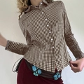 Women's Y2K plaid long sleeve button-down shirt in brown and white checkered pattern - S / Khaki