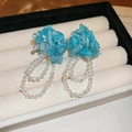 Elegant light blue mesh flower earrings with crystal beads on velvet jewelry display - 15# Silver Pin - Green