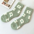 Women soft light green coral fleece socks with flower patterns for winter comfort - One Size / Green (White Flower)