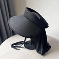 Women's black sun visor hat with wide brim and long neck protection flap for beach - Neck Flap Style / All Black