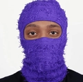 Purple knitted distressed balaclava face mask with fringe detail and eye opening - One Size / Purple
