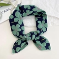 Navy blue cotton linen scarf with green clover print and elegant pearl necklace decor - Navy Blue Flower Green