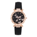 Montre femme chic avec boîtier or rose, cadran papillon et bracelet en cuir noir - Noir