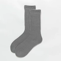 Minimalist dark grey crew socks with vertical ribbed knit and scalloped edge detail - Gray