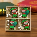 Detail of four festive wooden gnome ornaments in a wooden box for Christmas tree decor - Style 8 (Christmas Elf)