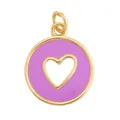 Purple enamel round pendant with heart cutout and golden copper finish for necklaces - Lavender Cutout Heart-L281214