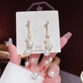 Elegantes pendientes dorados con circonita púrpura y borlas largas de perlas blancas - Borla colgante de perlas (E0174)