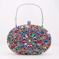 Detailansicht einer ovalen Abendtasche mit bunten floralen Strassmustern und Silberkette - Buntes Silber