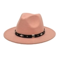 Detail of pink wool felt fedora featuring a black leather band with metal rivets - M (56-58cm) / Dusty Pink