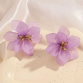 Elegant purple matte acrylic flower stud earrings with gold center on white satin - Light Purple