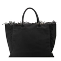 Minimalist large black tote bag with trendy fringe edges and durable canvas shoulder straps - Black