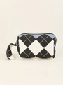 Detail of blue and black diamond knit pattern canvas makeup bag with secure zipper - Blue Black Grid Handheld