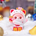 Cute white fortune cat resin figurine with cherry blossom hood and Peach Blossom sign - A109 Love Charm Cat / Extra Large Tray Display Series