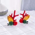 Pair of red Christmas reindeer antler hair clips with colorful felt leaves and pom poms - Red Green Color Ball Pair