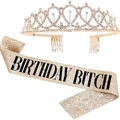Birthday Girl party kit featuring a golden rhinestone tiara and glitter sash with black text - Gold Crown And Gold Birthday Bitch Sash