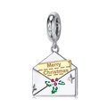 925 silver envelope charm with Merry Christmas engraving and red zircon holly leaf - Christmas Envelope