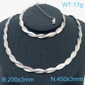 Geflochtenes silbernes Edelstahl Schlangenkette Set aus Halskette und Armband im Design - 3mm Stahlfarbe 2-lagig Geflochten (Armband 18cm + 5cm Verlängerung)