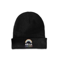 Close-up of a black knit beanie with colorful rainbow, SMILE text, and five heart embroidery - Black / M (56-58cm)
