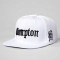 Detail of Compton 3D embroidery and Money Gang patch on white snapback hip hop cap - Adjustable / White