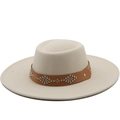 Wide brim wool fedora hat in off-white with studded brown leather band decoration - M / Beige