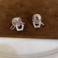 Vintage purple butterfly zircon ear clips with silver finish and silicone pads - A23 Silver Purple Butterfly Clip Earrings