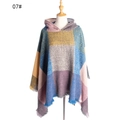 Women's plaid hooded poncho with colorful geometric patterns and fringe hem style 07 - 07# Blue