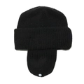 Detail of black chunky knit earflap hat with soft texture and white decorative button - M (52-54cm) / Black