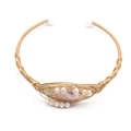 Golden wire-wrapped bracelet with pink baroque pearl and green gemstones - Gold Jade Open Cuff Pink Purple Pearl